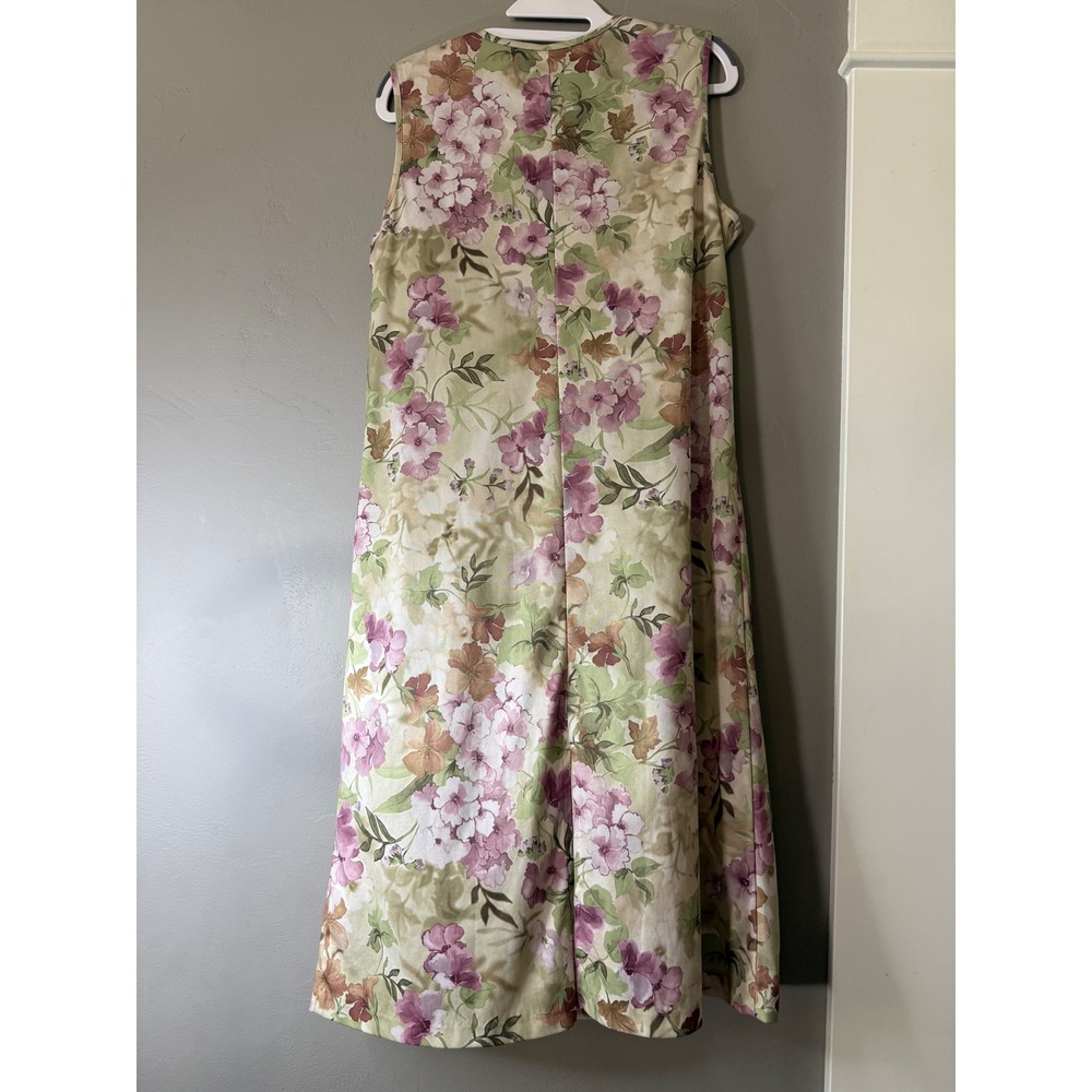 Vintage Floral Sleeveless Midi Shift Dress Purple Pink Sage Green Round Neck - Picture 4 of 6